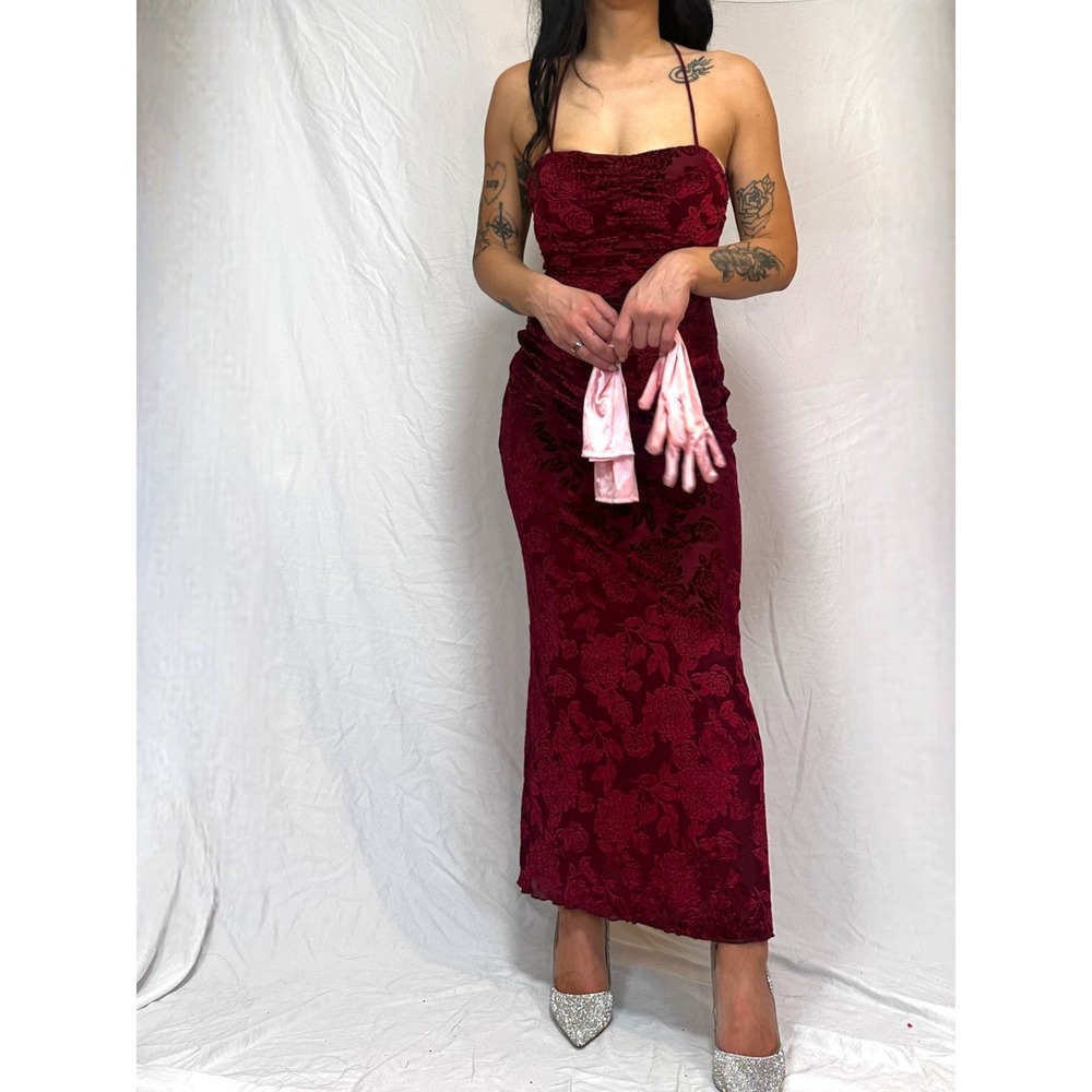 Princess Polly Burgundy Floral Velvet Burnout Maxi Dress NWT Red Open Back US 6